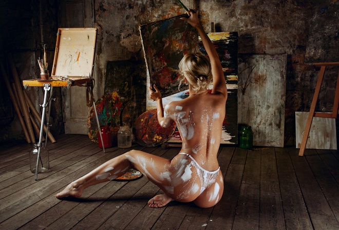 women, white panties, ass, topless, brunette, women indoors, wooden floor, body paint, brush, blonde, hairbun, picture, back, sitting, easel