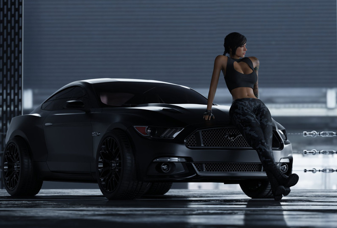 mara, mara valkyrie, call of duty, mustang, garage, brunette, black car, tattoo, top, sweatpants, boots, braid, belly, belly button, video games, video game art, neckline