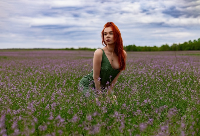 redhead, model, women, nature, green dress, neckline, flowers, grass, sky, clouds, necklace, trees, women outdoors