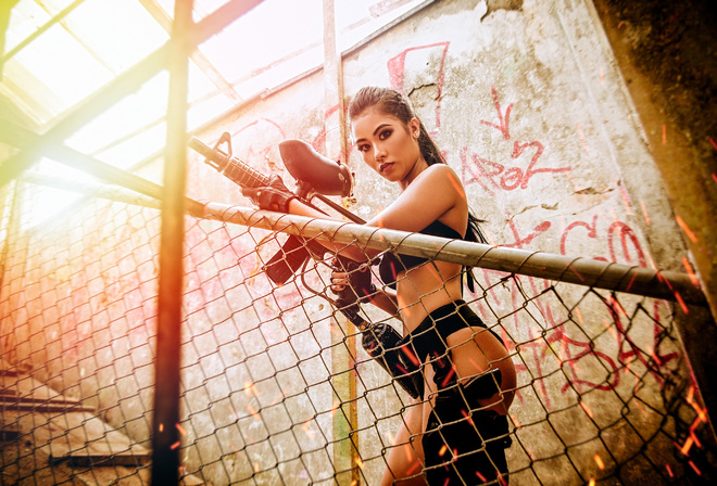 women, ponytail, Paintball, brunette, belly, gun, sparks, pierced navel, ass, black clothing, gloves, black nails