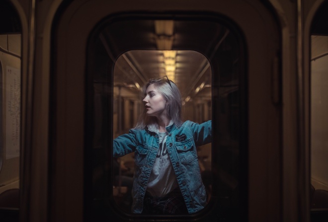 Eva Elfie, women, model, blonde, subway, t-shirt, jeans, denim jackets, glasses