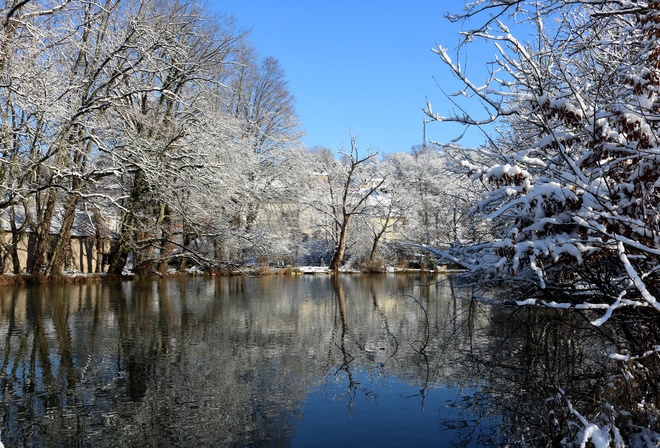 река, деревья, снег