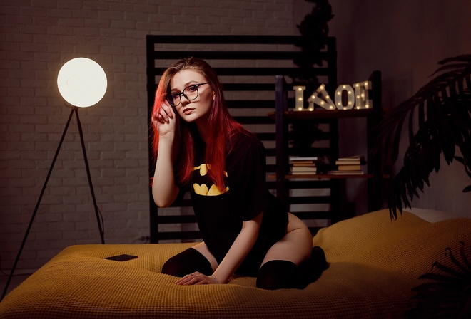 women, dyed hair, glasses, women indoors, kneeling, black stockings, in bed, plants, women with glasses, Batman logo, black t-shirt, cellphone, wall, books