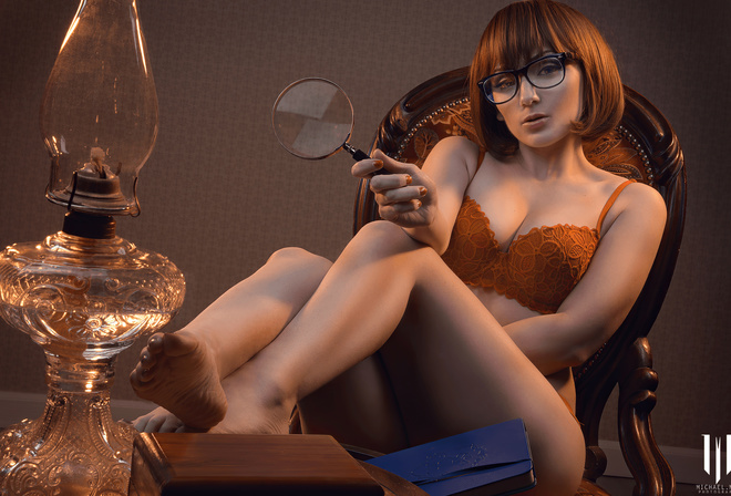 Velma Dinkley, Jennifer Van Damsel, michael mac, cosplay, redhead, orange lingerie, magnifying glass, women with glasses, glasses, orange panties, orange bra, women indoors, ass