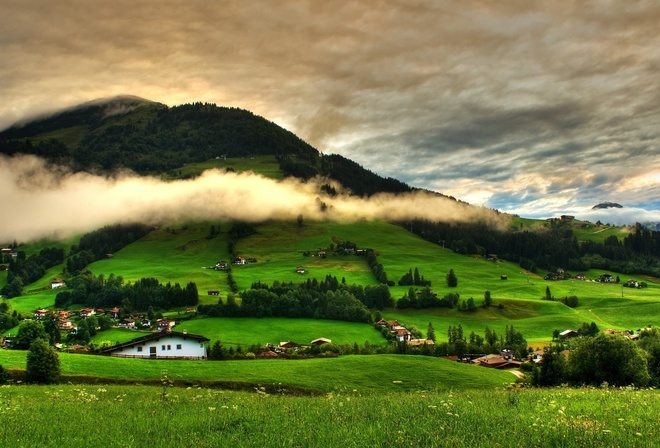 landscape, nature, mountains, hills, village, clouds