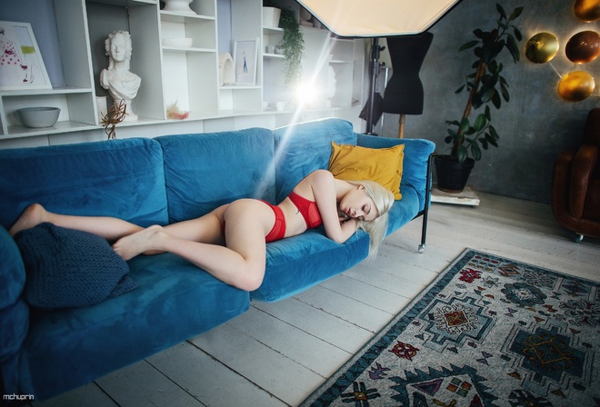 Radmila Dzhanaeva, Maksim Chuprin, blonde, blue couch, red lingerie, ass, women indoors, plants, bust, wooden floor, tattoo, nose ring, women