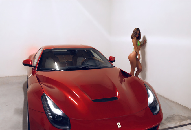 women, Alexander Belavin, Ferrari, sunglasses, green bikini, brunette, car, wall, women indoors, women with cars, ass