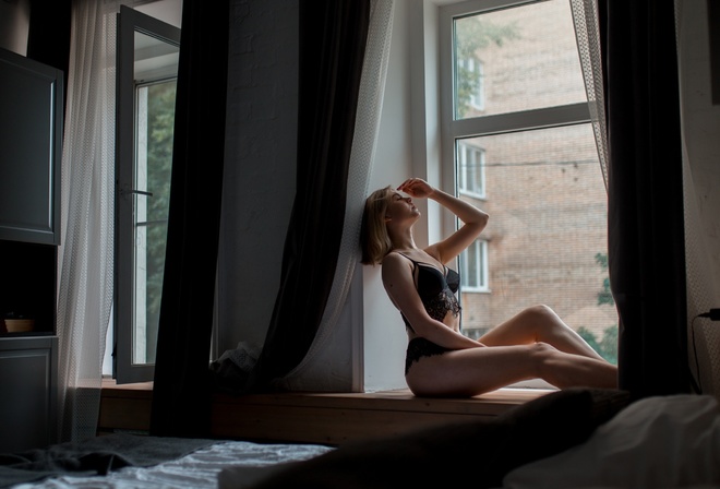 women, blonde, sitting, window, curtains, black lingerie, bed, pillow, women indoors, belly, window sill