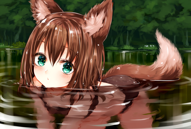 neko ears, animal ears, Fox ears, cat girl, fox girl, anime, anime girls, digital art, artwork, brunette, black eyes, short hair, bikini, black bikini, trees