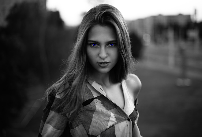 portrait, model, women, mike, hairstyle, monochrome, blue eyes, plaid shirt, Alexei Shipulia, bokeh, shirt
