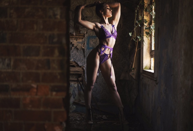 women, model, brunette, lingerie, purple lingerie, high heels, heeled shoes, window, wall, purple bra, purple panties