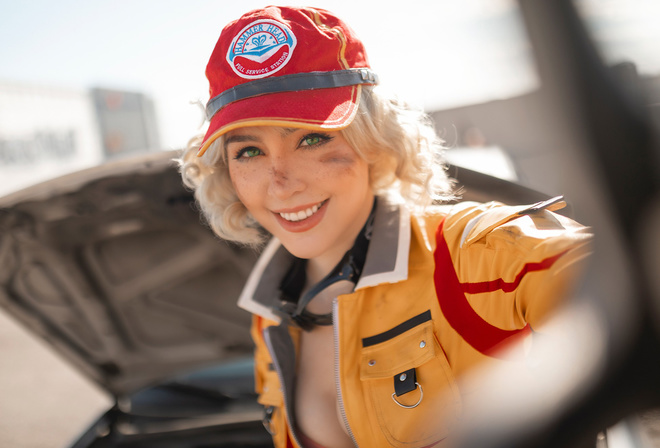 Cindy Aurum, Luxlo, Final Fantasy, cosplay, video games, hat, video game girls, baseball caps, model, women, goggles, women outdoors, pink bra, jacket, car, neckline