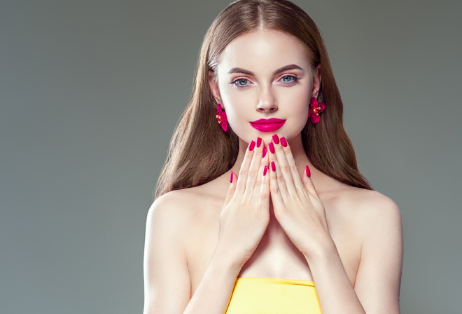 beautiful, manicure, pink, lips, brunette, woman, with, long, hair