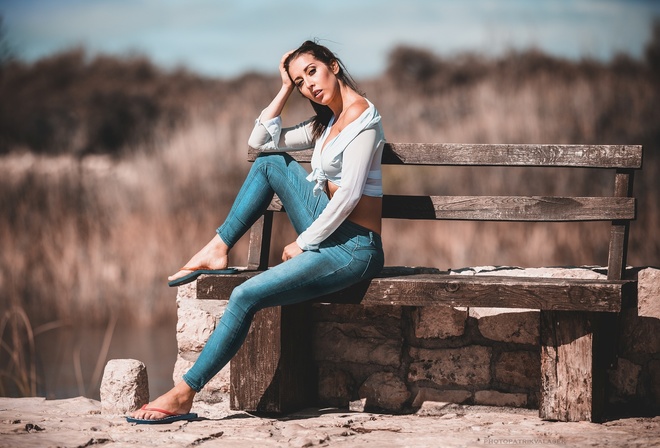 Patrik Valasek, model, brunette, jeans, women, short tops, short tops, flip flops, clouds, bench, sitting, women outdoors