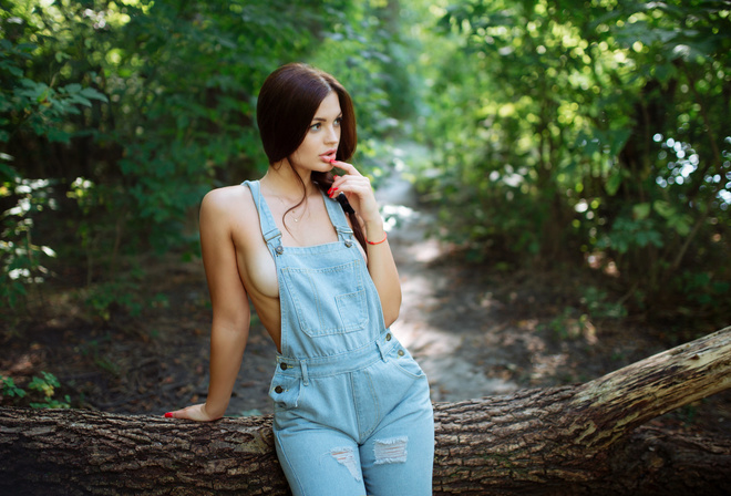 women, overalls, red nails, boobs, no bra, women outdoors, finger on lips, ribs, looking away, torn clothes