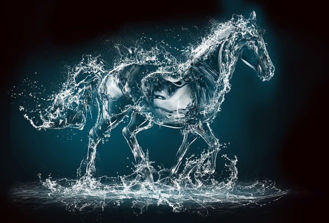 лошадь, животное, вода, креатив, бег, скачет, графика