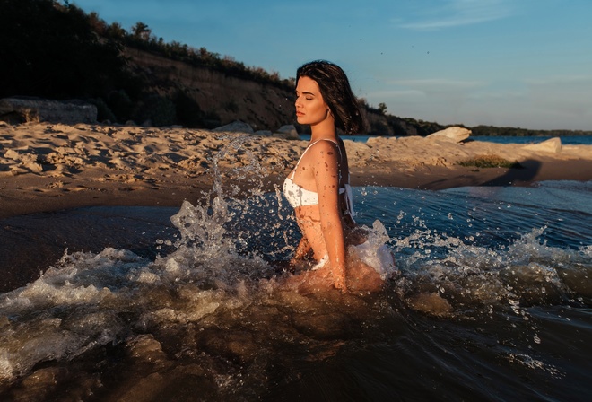 women, white bikini, ass, sea, closed eyes, women outdoors, kneeling, wet body, sand, brunette