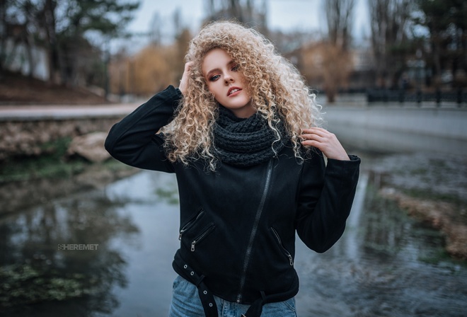 Ivan Sheremet, blonde, model, women, women outdoors, winter, curly hair, jacket, scarf, jeans, lake, trees, blue eyes