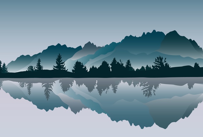озеро, деревья, горы, графика, векторная