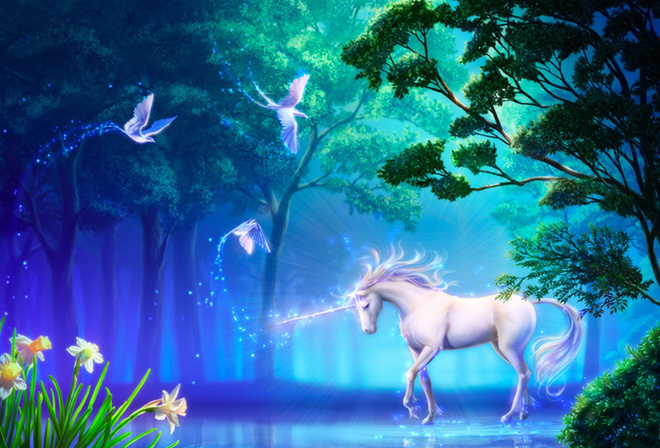 unicorn, butterfly, forrest, tree