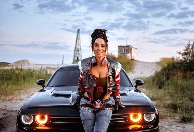 Anna Shakhovskaya, Cyberpunk, Cyberpunk 2077, Panam Palmer, dodge challenger, video games girl, video games, jeans, leather jacket, women outdoors, sky, clouds, biting lip, bodysuit, gloves