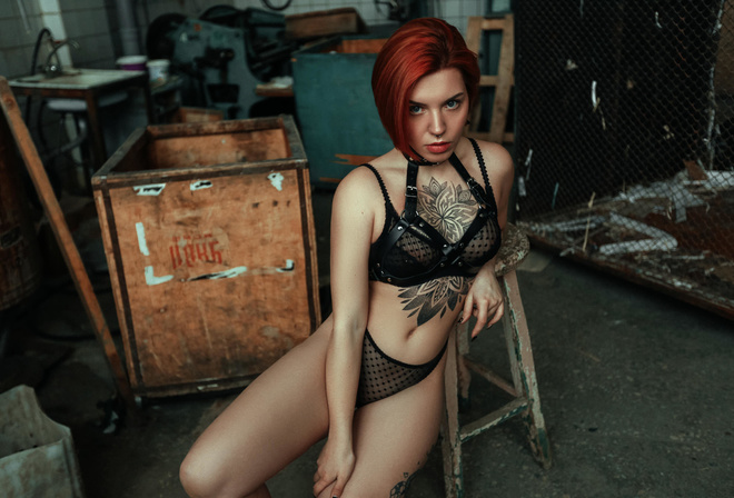 women, redhead, Ilya Dushutin, black lingerie, tattoo, polka dots, belly, women indoors, see-through lingerie, painted nails