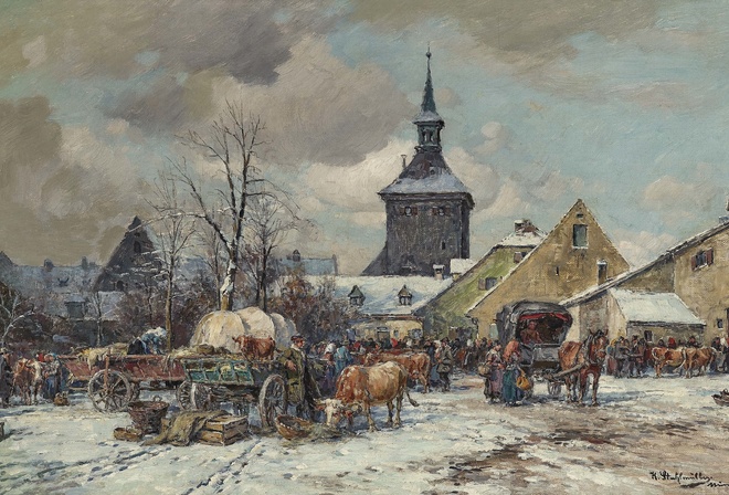  ,  ,   , Winter cattle market, Karl Stuhlmuller, German painter