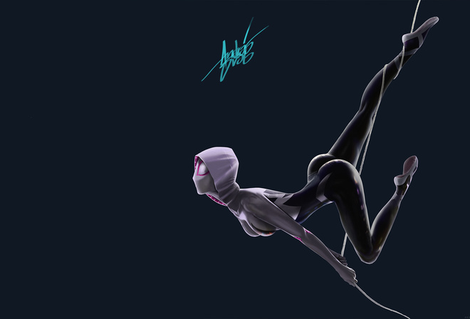 Fuka, Spider Gwen, Spider-Girl, women, latex bodysuit, digital art, tight clothing, Ghost Spider, Marvel Comics, simple background, Spiderman