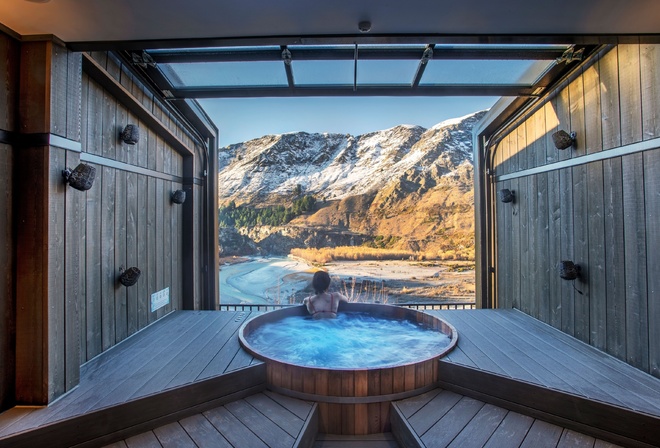 , New Zealand,  , Queenstown, relaxing hot pool,  , views of the Shotover River