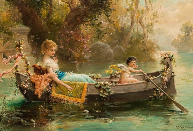 Hans Zatzka, Austrian painter,  ,  , Lady and a cherub in a boat,     