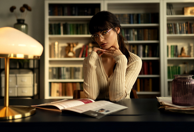 women, portrait, glasses, books, lamp, desk, women indoors, women with glasses, cleavage