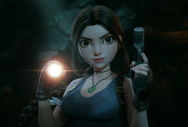 Marko Xu, Tomb Raider, Tomb Raider, women, 3D, Fan Art, digital art, video games, video game girls, flashlight, braids, T-shirt, blue t-shirt, gun, pistol, gloves