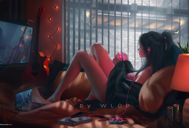 guitar, computer, headphones, women, window, painting, brunette, bed, digital art, lamp, laptop, in bed  video games, Walkman, digital painting, WLOP, pink t-shirt