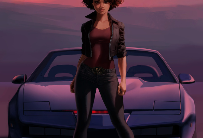 Ivan Talavera, K.I.T.T., digital art, TV series, sports car, black cars, Knight Rider, women, brunette, desert, curly hair, jeans, sneakers, bodysuit, jacket