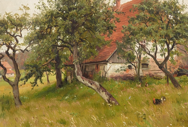 Walter Moras,  ,  ,    , farm on the outskirts of the village, oil on paper