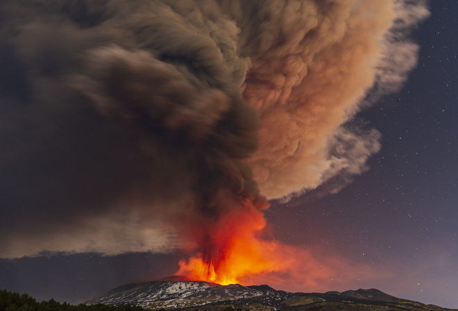 Этна, Etna, Sicily, smoke billows, volcano, Italy