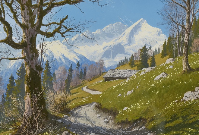 Рудольф Решрайтер, немецкий художник, Rudolf Reschreiter, View of the Karwendel, Вид на хребет Карвендель