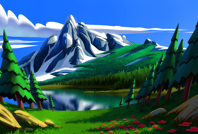 kevin Gnutzmans, digital art, nature, lake, mountains, trees, sky, clouds, flowers, painting, digital painting, rocks