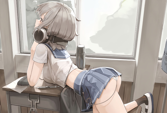 women, anime, anime girls, schoolgirl, schoolgirl uniform, school uniform, school skirt, digital art, desk, window, chair, white panties, short socks, shoes, bent over, ass, headphones