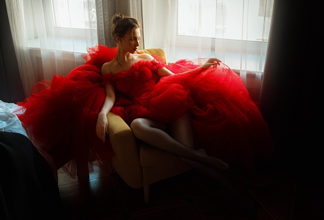 Georgy Chernyadyev, women, model, brunette, women indoors, bed, couch, window, red dress, dress, sitting, fishnet stockings