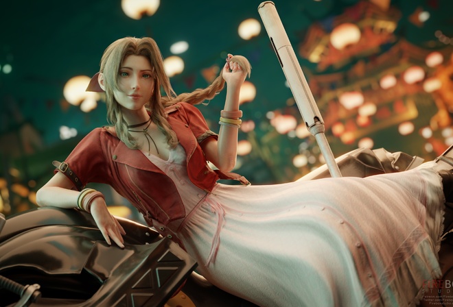 Firebox Studio, Aerith Gainsborough, Final Fantasy VII, Final Fantasy, women, green eyes, motorcycle, white dress, 3D, video game girls, video game characters, video game girls, digital art, leather jacket, braids, CGI, sitting