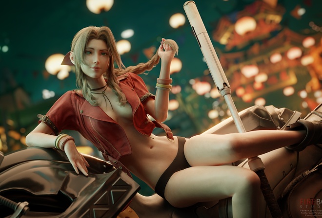 Firebox Studio, Aerith Gainsborough, Final Fantasy VII, Final Fantasy, women, green eyes, motorcycle, open jacket, 3D, video game girls, video game characters, video games, digital art, leather jacket, braids, CGI, sitting, brown panties, no bra, women wi