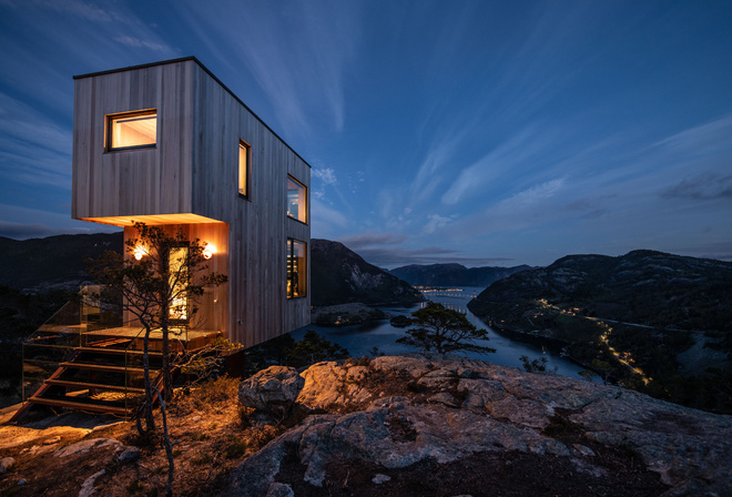Bolder Sky Lodges, Norway, view of Lysefjord, designer cabin