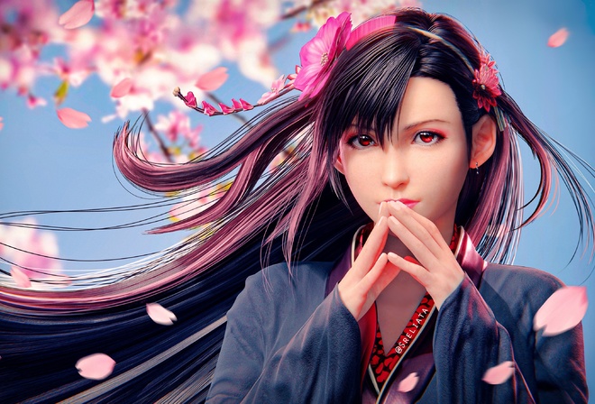 Sreliata, Tifa Lockhart, Final Fantasy, Final Fantasy VII, Final Fantasy VII Remake, women, brunette, Asian, flowers, digital art, red eyes, kimono, video game girls, video games, long hair