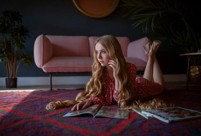 women, model, blonde, women indoors, polka dots, couch, red dress, dress, carpet, long hair, magazine, plants