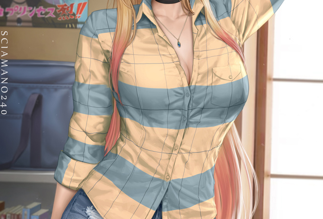 Mirco Cabbia, Kitagawa Marin, Sono Bisque Doll wa Koi wo Suru, digital art, digital art, anime girls, anime, schoolgirl, fantasy girl, women, blonde, pierced ear, backpacks, window, jean shorts, plaid shirt, pink eyes, hips