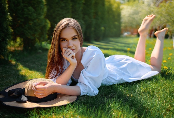 Sergey Bogatkov, Daria Popova, women, model, brunette, women outdoors, white dress, dress, grass, trees, hat, legs up, flowers