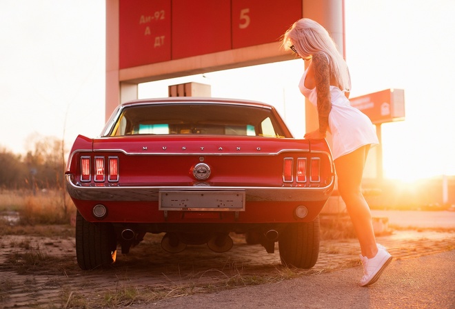 Julia Abrams, women, model, blonde, women outdoors, Ford Mustang, muscle car, red car, classic car, tattoo, white dress, dress, sneakers, women with cars, road, women with glasses, sunglasses