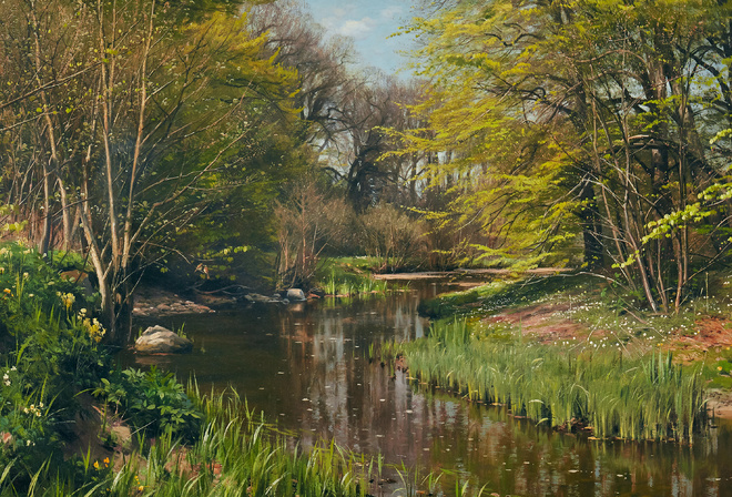 Peder Mork Monsted, danisch, 1909, A spring day in the forest with a stream