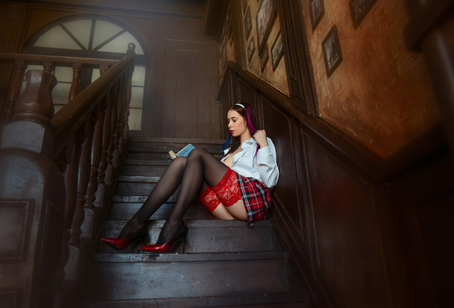 Miss Mikki, women, model, brunette, women indoors, plaid skirt, school uniform, stockings, black stockings, ass, wooden stairs, white shirt, open shirt